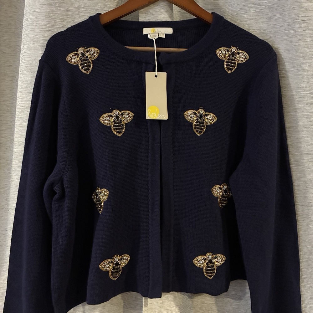 Boden Embellished Bees Sweater Jacket Cardigan Navy Blue Beaded Size 14 US NWT - Picture 3 of 7